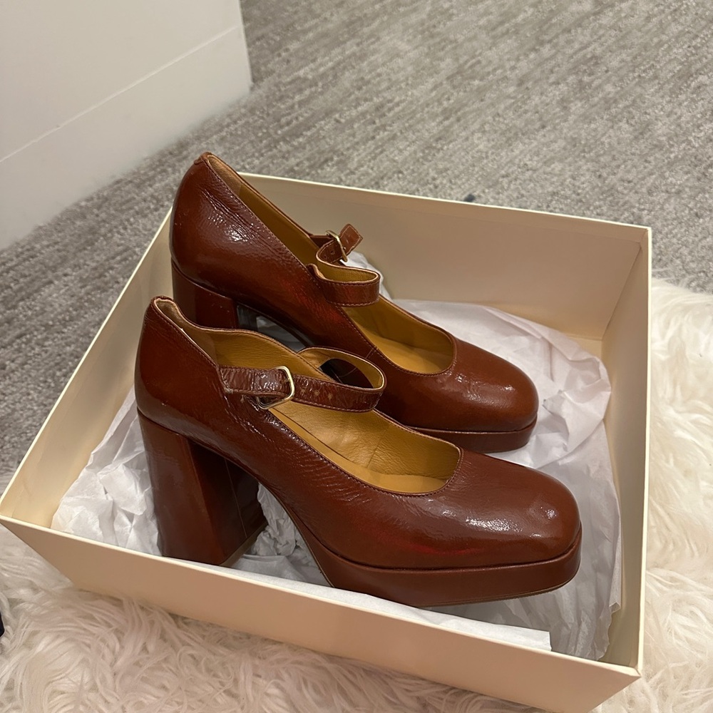 Sezane Brown Leather Mary Jane Platform Pumps - Picture 2 of 5